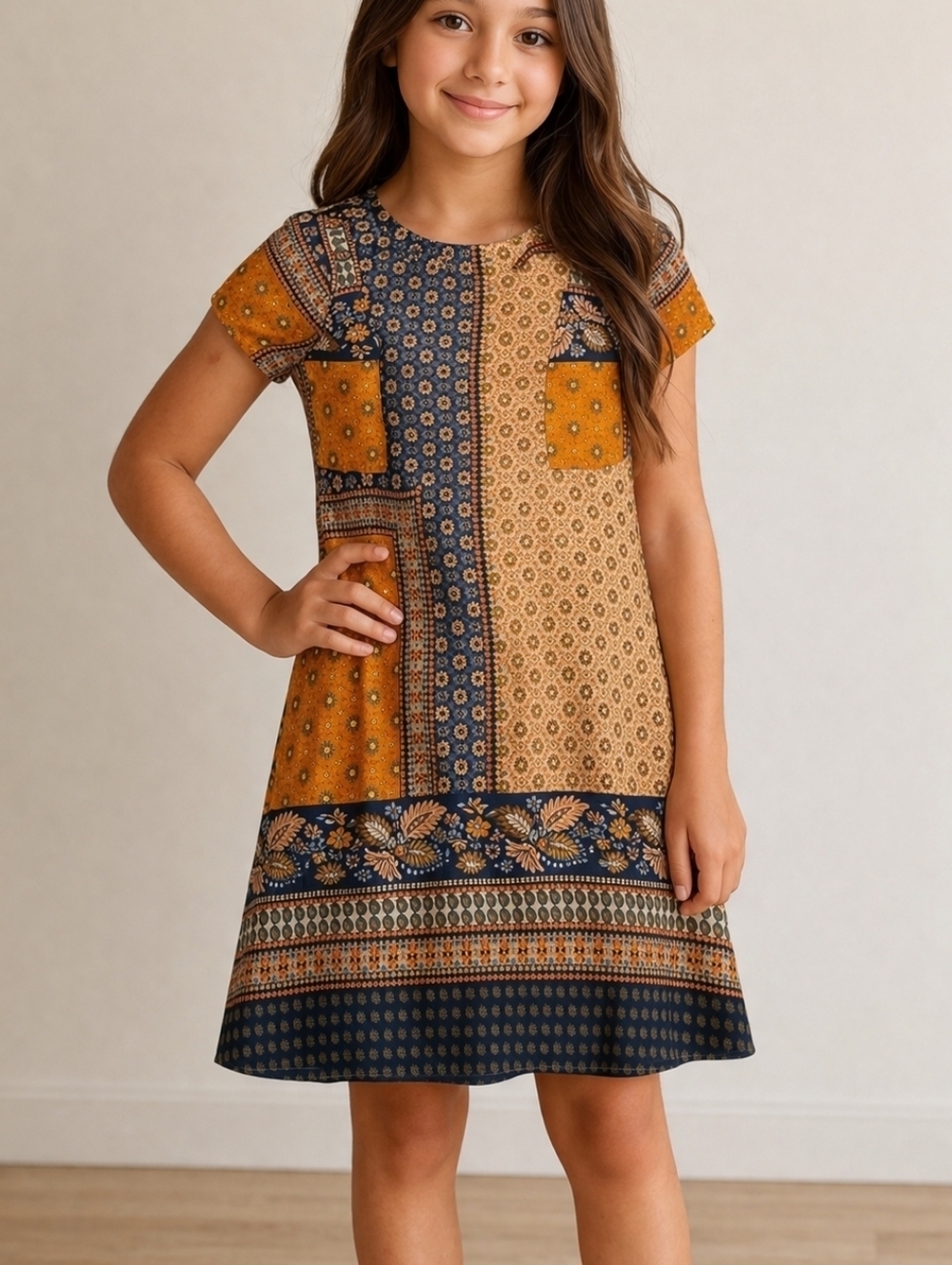 SPEECHLESS Orange Mixed Print Patchwork Tie Back Short Sleeve Dress